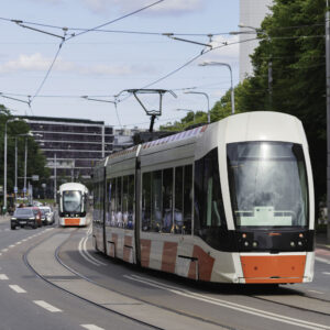 A tram on route in central Tallinn, Estonia.
